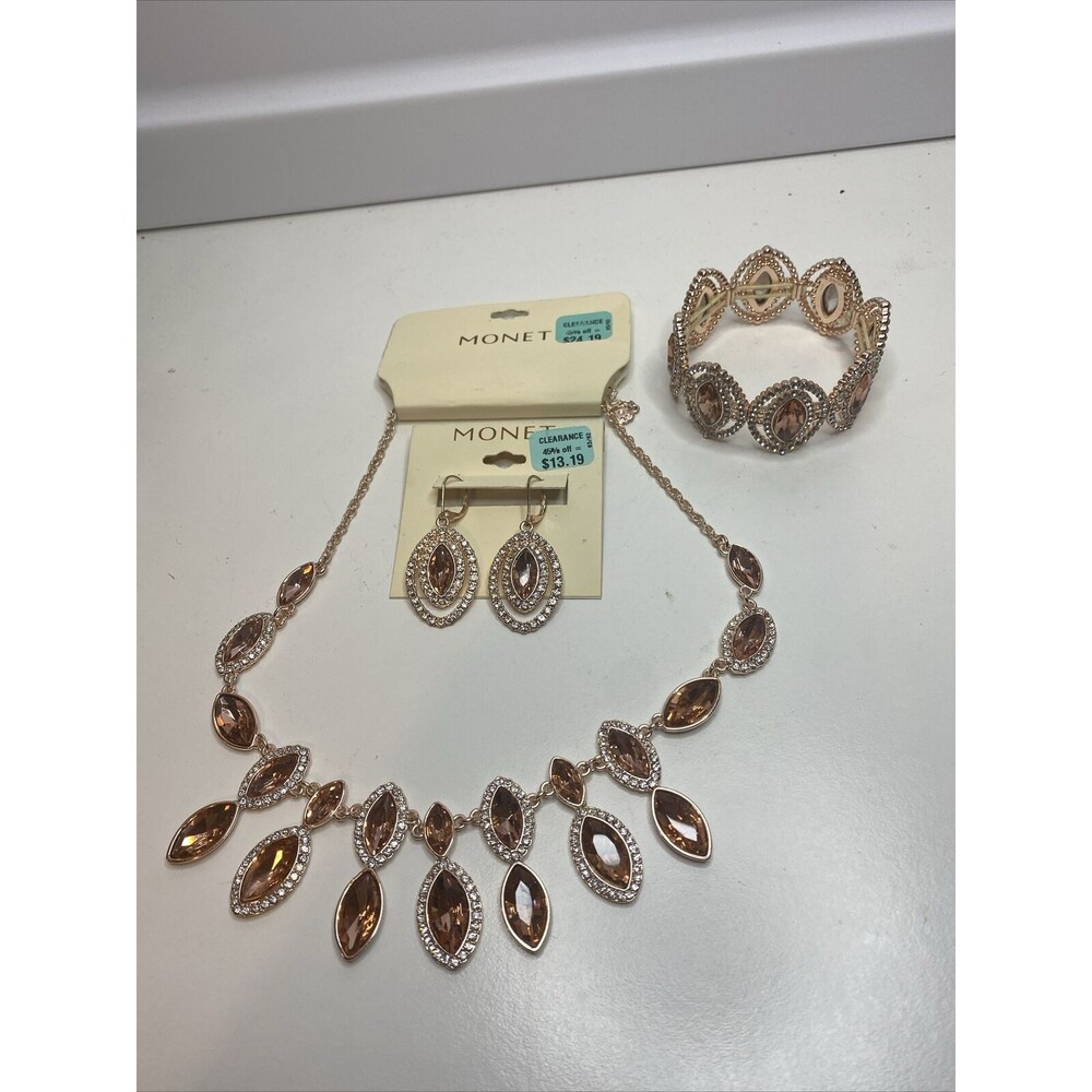 Rose Gold Tone Monet Necklace Earrings Bracelet Set With Rhinestone